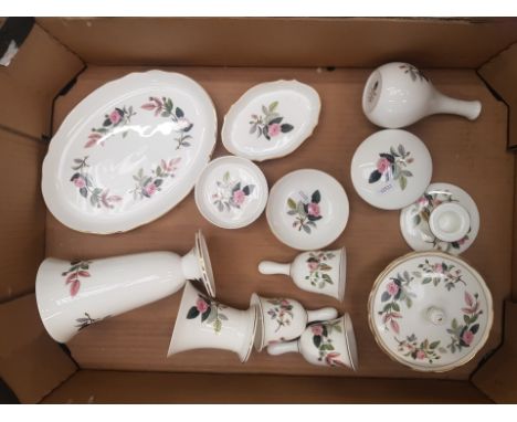 Wedgwood Hathaway Rose pattern items to include vases, dressing table items, candleholder, bells, bud vase etc (1 tray). 