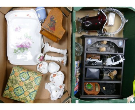 A mixed collection of items to include Wooden Wooden Display Cabinet with Wedgwood panels, art glass vase, boxed oriental min