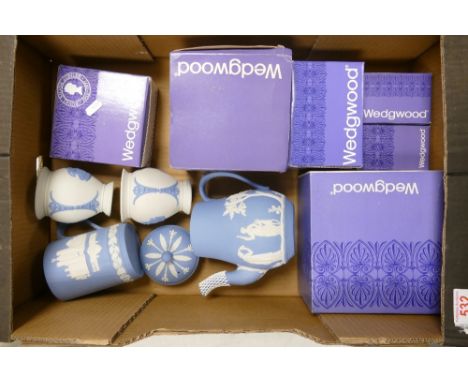 A Collection of Wedgwood Blue Jasperware Items to include Teapot, Mug, Vases, and a Quantity of Boxed Trinket Pots, Bells and