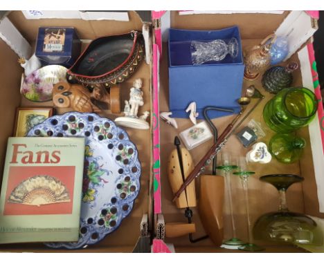 A mixed collection of items to include long handled candle snuffers, glass candle stick holders, perfume bottles, Continental