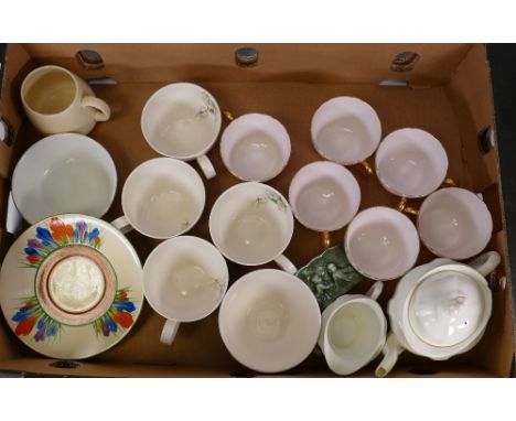 A mixed collection of items to include Clarice Cliff cups, Royal Crown Derby saucers, milk jug, small teapot, Shelley 13633/5