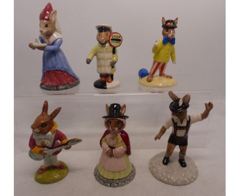 A collection of 6 Royal Doulton Bunnykins figures to include Lollipop DB65, Sundial DB213, Tyrolean Dancer DB242, Mr Bunnybea