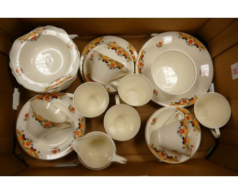 Pareek Weymouth tea and dinnerware to include cups, saucers, bowls, sugar dish, milk jug, cake plate, etc (1 tray) 