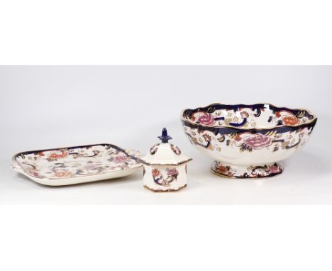 Three Masons Mandalay Pattern Items to include Footed Fruit Bowl, Sandwich Plate and Lidded Trinket Pot. (3) 
