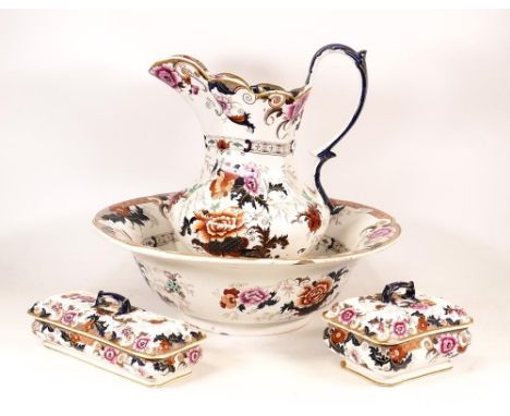 Victorian Pottery Toilet Set to include Wash Basin, Toilet Jug, and two lidded Dishes. Height of tallest 31cm, (a/f) (4) 