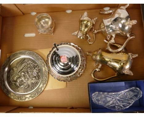 A mixed collection of items to limited edition Pewter plate from Pewter crafts series (with cert), metal coffee pot, metal te