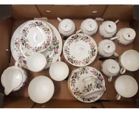 Wedgwood Hathaway Rose pattern tea set consisting of 11 tea cups, 12 saucers, 6 side plates, cake plate, milk jug and open su