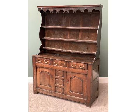 18th CENTURY OAK CONWY VALLEY DRESSER having a three shelf pot belly rack with shaped cornice, the base with three drawers ov