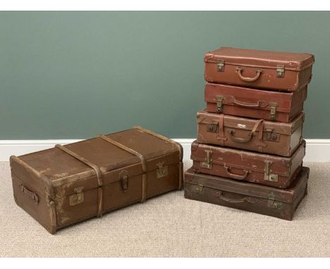 VINTAGE LUGGAGE to include wooden banded trunk, 32cms H, 91cms W, 54cms D and an assortment of old suitcases (5)