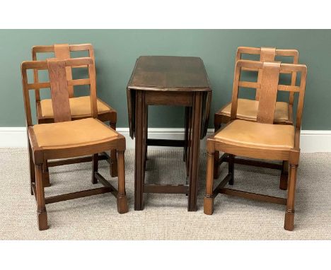 MID-CENTURY TYPE OAK DINING CHAIRS, set of four with rexine seats on block supports with a gate leg table, 74cms H, 121cms W,