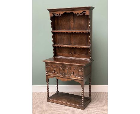 CIRCA 1900 OAK DRESSER, narrow example having a two shelf rack with shaped sides and apron, the base having raised panel draw