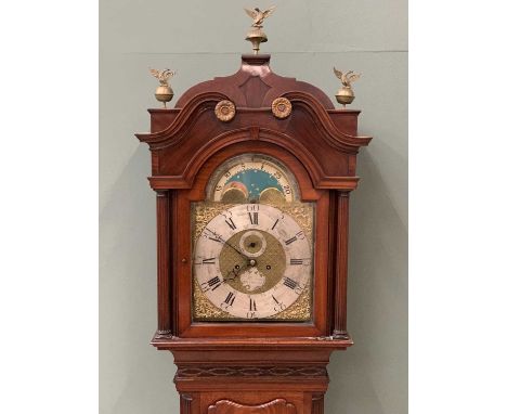 LONGCASE CLOCK by Harrison of Liverpool with rolling moon eight day movement, brass face and silvered dial, arched and pillar