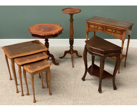 FURNITURE ASSORTMENT (5) - reproduction items to include two drawer hall table, nest of three tables, planter stand, shaped t