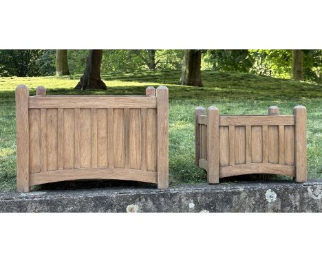 TEAK GARDEN PLANTERS, square teak panelled with arched undertier, 47cm H x 68cm W, and a smaller matching planter, 38cm H x 4