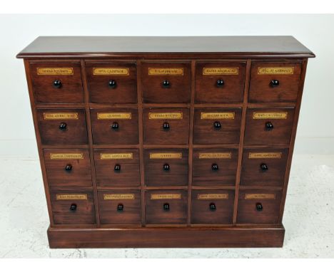BANK OF DRAWERS, with sixteen drawers and vintage apothecary style labels, 89cm H x 104cm W x 27cm D. 