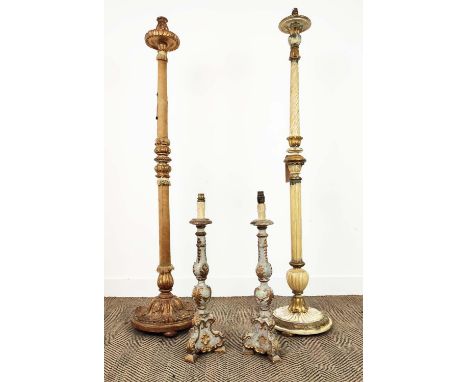 STANDING LAMP, cream painted and gilt, 152cm H another giltwood and velvet clad, 149cm H and a pair of 19th century Italian p