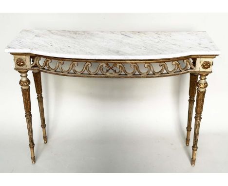 CONSOLE TABLE, late 19th century Italian grey painted and parcel gilt, bow fronted with Vitruvian scroll frieze and variegate