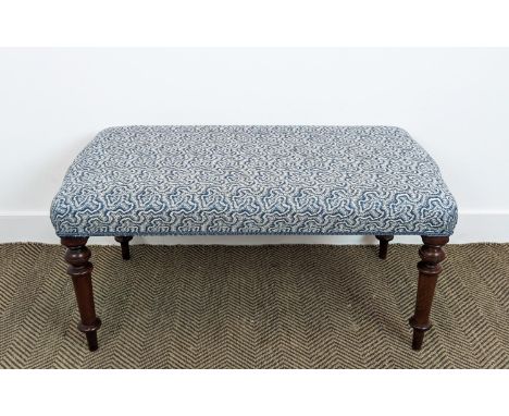 STOOL, part Victorian mahogany in blue fabric,  44cm H x 94cm W x 48cm D. 