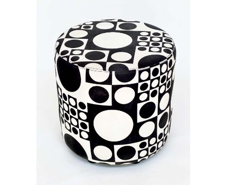 STOOL BY JOHANSON DESIGN, circular drum form with black/white 60s, style fabric upholstery, 44cm H x 46cm H. 