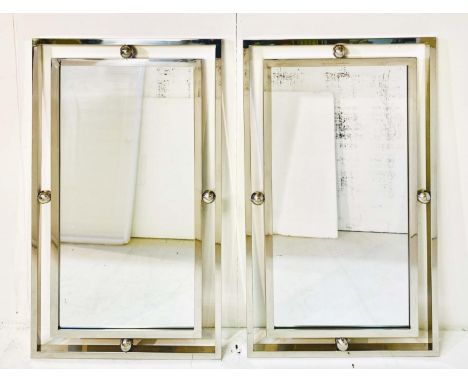 ARCHITECTURAL WALL MIRRORS, a pair, Art Deco style, polished metal frames, 100cm H x 60cm W. (2) 