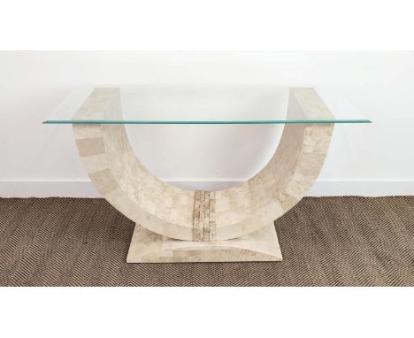 MAITLAND SMITH STYLE CONSOLE TABLE, bevelled glass top, 130cm x 50cm x 76cm. 