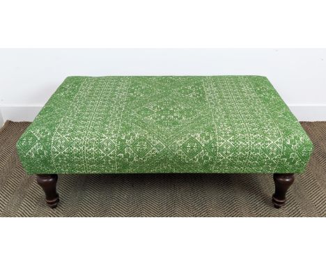 HEARTH STOOL, patterned green upholstery, 38cm H x 114cm W x 73cm D. 