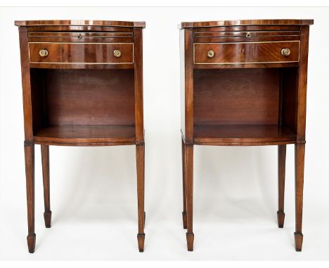 BOWFRONT LAMP TABLES, a pair, George III design figured mahogany and boxwood lined each with slide, and drawer on tapering su