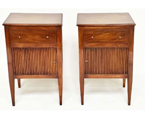 TAMBOUR LAMP TABLES, a pair, George III design walnut each with frieze drawer, and tambour cabinet, 47cm W x 42cm D x 72cm H.
