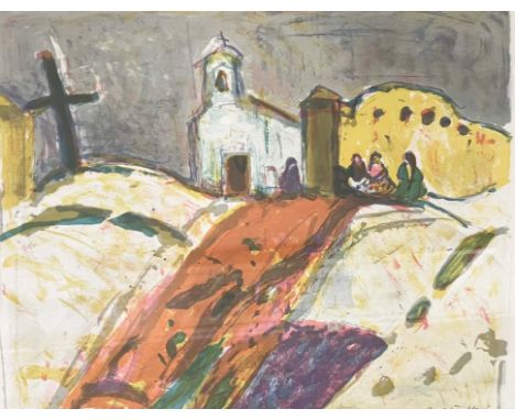 HANS FALK (1918-2002), 'Landscape with Village and Figures' lithograph, 38cm x 48cm, signed, numbered 57/200, framed. 