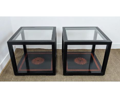 LAMP TABLES, a pair, black lacquer and inlaid with inset square glass tops, 55cm H x 60cm W. (2) 