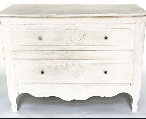 COMMODE, 18th century Louis XV and later grey painted with two drawers and carved scroll supports, 118cm W x 86cm H x 59cm D.