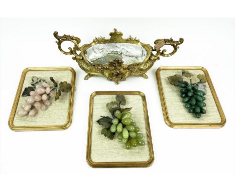 BUNCHED WALL GRAPES, three jade and quartz in rounded edge gilt frames, along with a gilt metal French Jardiniere, 27cm x 22c