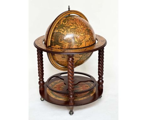 GLOBE COCKTAIL CABINET, in the form of an antique terrestrial globe with rising lid and fitted interior, 95cm H. 