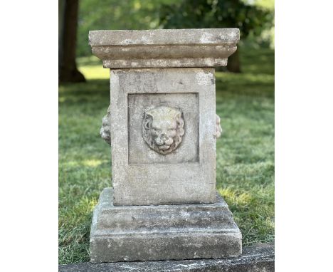 GARDEN PLINTH/PLANTER, well weather reconstituted stone square form with lion mask detail and separate stepped plinth and cor