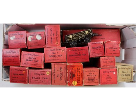 Eighteen Hornby 0-gauge goods wagons. All LMS unless stated otherwise: 4 x hopper (green); 2 x goods brakes; 2 x No.1 goods v
