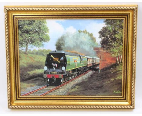 An original oil painting by Barry G. Price of The Golden Arrow Express with West Country Pacific number 21C123 Blackmoor Vale