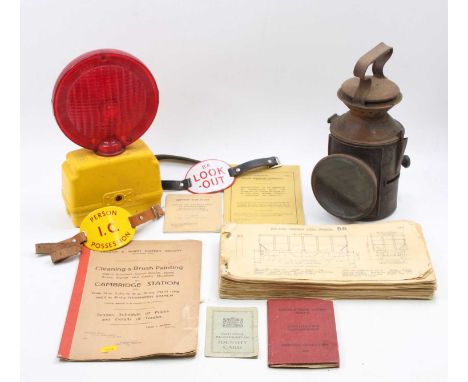 Collection of mixed railway related items to include BR Hand Lamp, various ephemera, enamel arm bands, warning light and othe