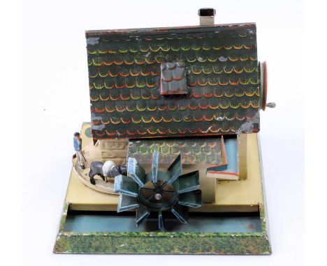 Doll, Germany, early steam toy accessory, water mill with hand or steam engine driven pulley to drive as disc with miller and