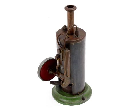 Burnac, England, small vertical steam engine with burner, copper clad boiler and copper chimney, fitted with safety valve and