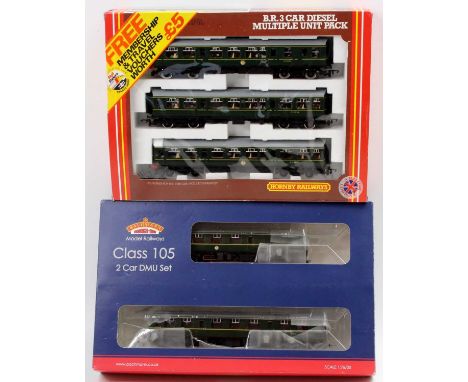 A Bachmann 31-326 Class 105 2-car DMU finished in BR green with whiskers (DCC ready) together with a Hornby Railways No. R687
