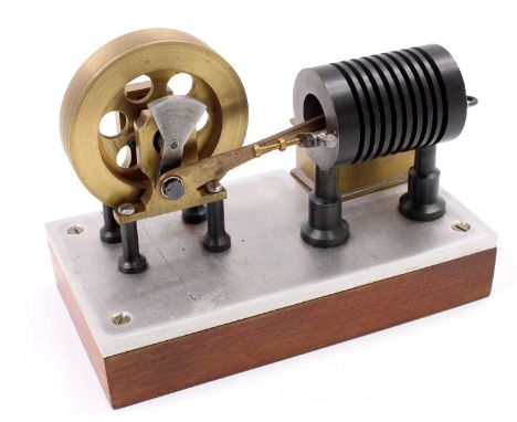 Jan Ridders stationary horizontal flame eater vacuum engine, free running example with single wick burner, raised on wooden b