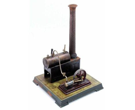 Bing Bavaria, stationary steam engine, comprising of boiler on tin plinth, two tone green enamelled base with octagonal decor