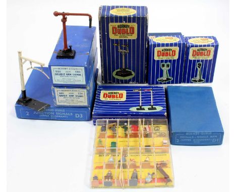 Shoebox containing Hornby-Dublo assorted signals &amp; figures: 3 electric semaphore signals; two colour light signals; six m