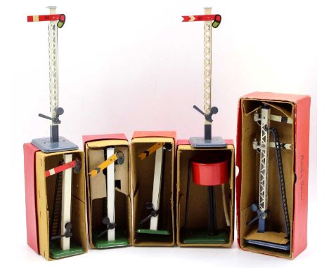 Six Hornby 0-gauge manual signals: two pre-war single, lattice posts, grey blue base, lever &amp; flat top, one home, one red