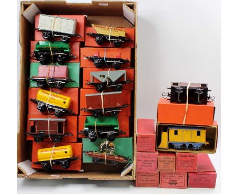 Two trays containing 13 No.50 Hornby goods wagons and seven other Hornby wagons. The No.50’s are (M):- ventilated van, flat w