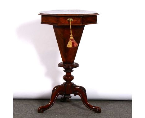 Victorian burr walnut trumpet work table, octagonal hinged lid enclosing a fitted interior, tapering box, carved and scrolled