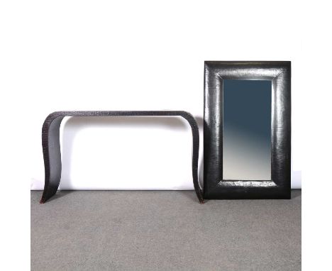 Modern lacquered Chinese side console and mirror, the table of curved form, black and red craquelure lacquer, table width 138