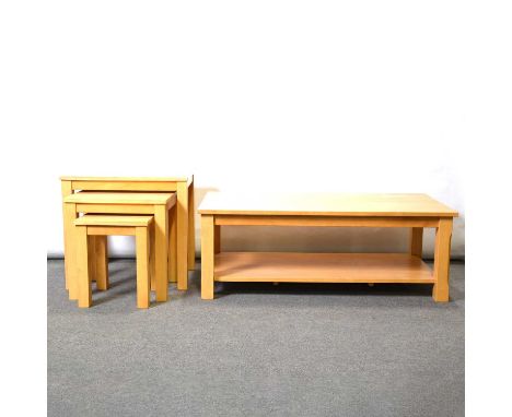 Light wood coffee table, rectangular top, chamfered supports with an under-tier,110cm 55cm; similar nest of tables