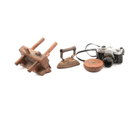 Small collection of carpentry tools, including rosewood and brass square, beechwood sash plane, hand-drill, Stanley bull-nose