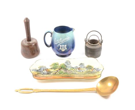 Shelley advertising jug, Watson's Scotch; Royal Doulton series ware sandwich tray; wooden mallet; brass ladle; metal glue pot